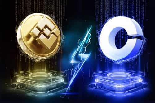 Illustration of Binance and Coinbase logos facing off, with a gold Binance coin on the left and a white-and-blue Coinbase “C” on the right, separated by a glowing lightning bolt.