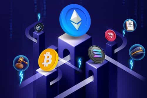 Illustration of Ethereum, Bitcoin, Solana, and other blockchain tokens on futuristic pillars, symbolizing cross-chain connections and regulatory pathways.