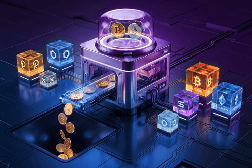 Illustration of a cross-chain MEV routing system showing digital assets moving across multiple blockchain networks through an aggregator, highlighting liquidity routing, bridge execution, and arbitrage opportunities.
