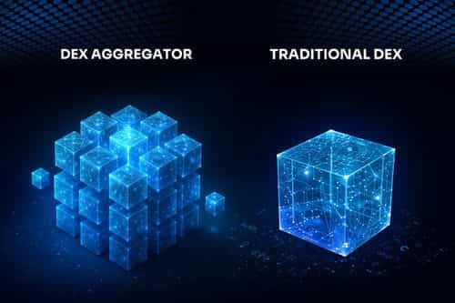 Side-by-side illustration showing many interconnected blue cubes for a cross-chain DEX aggregator versus a single glowing cube representing a traditional DEX.