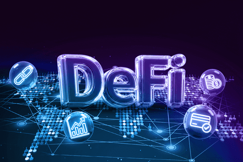 Glowing DeFi text over a digital world map with icons for blockchain, payments, and finance.