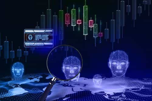 An illustration depicting KYC rules in crypto, with digital human avatars, a magnifying glass showing a cyber ID, and candlestick charts.