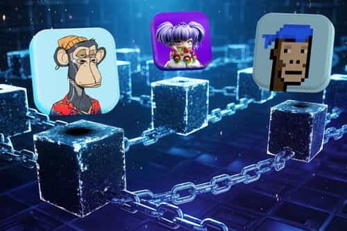 A digital illustration showing NFT avatars connected through blockchain cubes and chains, symbolizing the decentralized nature of NFT ownership and digital assets.