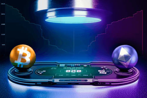 Bitcoin and Ethereum spheres face off above a futuristic poker table, with mirrored on-chain price metric charts glowing in the background.