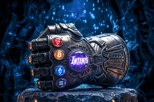 Futuristic armored glove displaying Bitcoin, Ethereum, Solana, and TRON symbols around a central Intents interface in a digital blockchain environment.