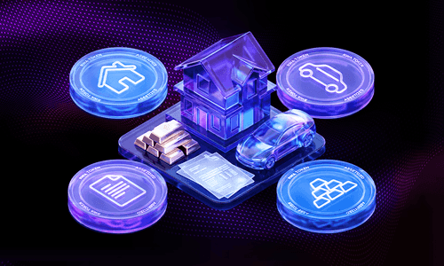 3D futuristic illustration of real-world asset (RWA) tokenization, featuring a digital house, car, gold bars, and legal documents on a platform surrounded by glowing blockchain-style asset tokens against a purple and blue neon background.