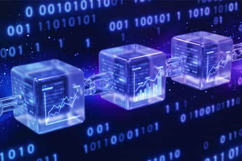 Transparent, glowing blockchain cubes linked in a chain, each cube showing binary code and upward-trending market charts against a blue digital background.