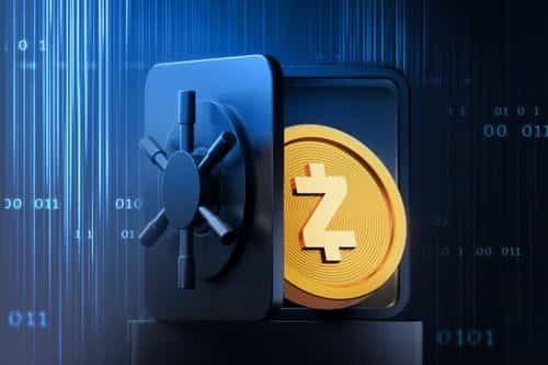 A glowing gold Zcash coin emerging from an open steel vault door against a blue digital background with binary code.