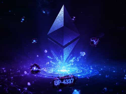 A glowing, futuristic Ethereum logo made of cracked glass hovers over a digital circular platform in deep blue and purple space, surrounded by floating crystal shards and asteroids, with “EIP-4337” illuminated on a fragment in the foreground.